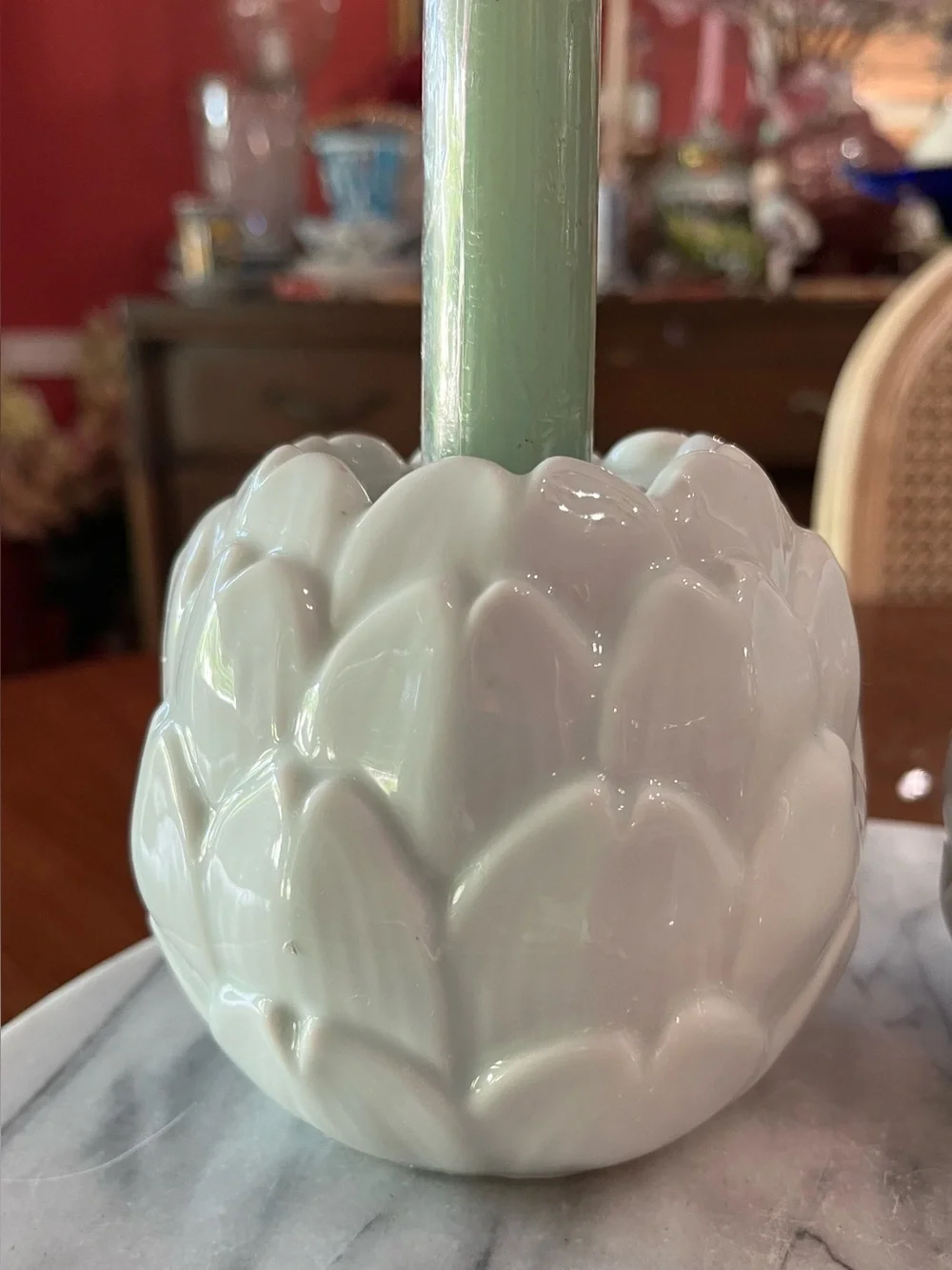Pair Celadon Green Ceramic Artichoke Taper Candle Holders & Candles -VTG Style